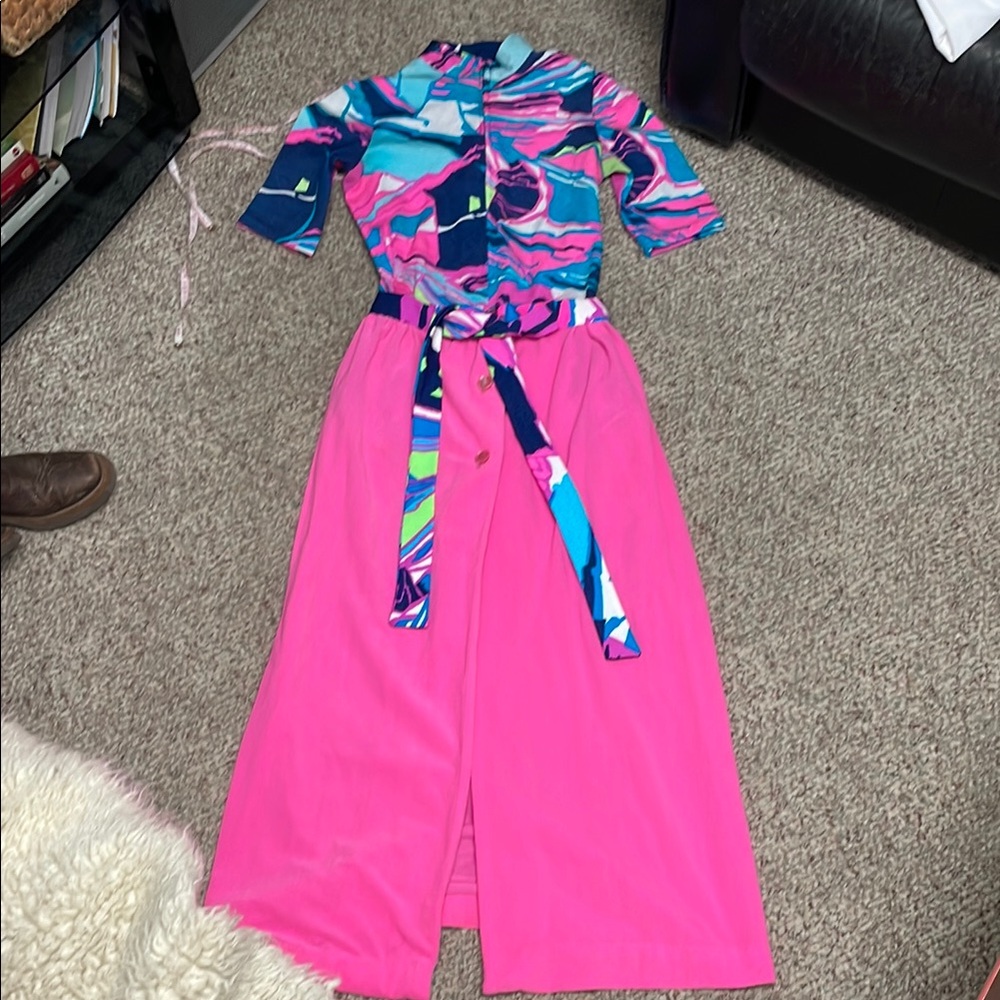Vintage 70s Pink and Blue 2 pc bodysuit/skirt set